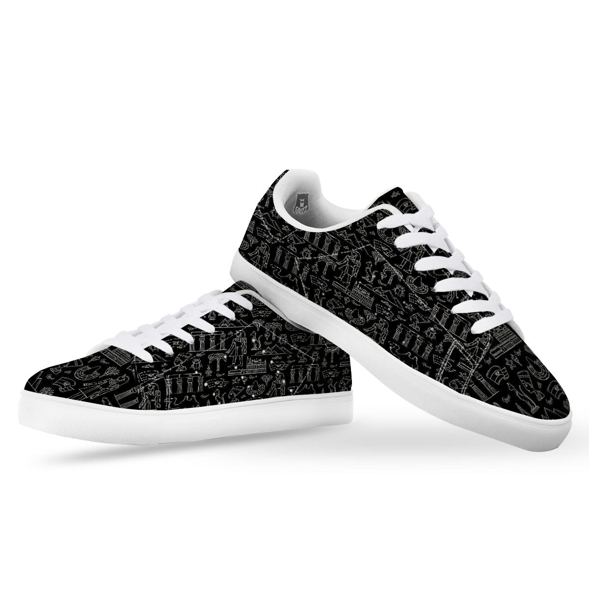 Egypt White And Black Print Pattern White Low Top Sneakers-grizzshop