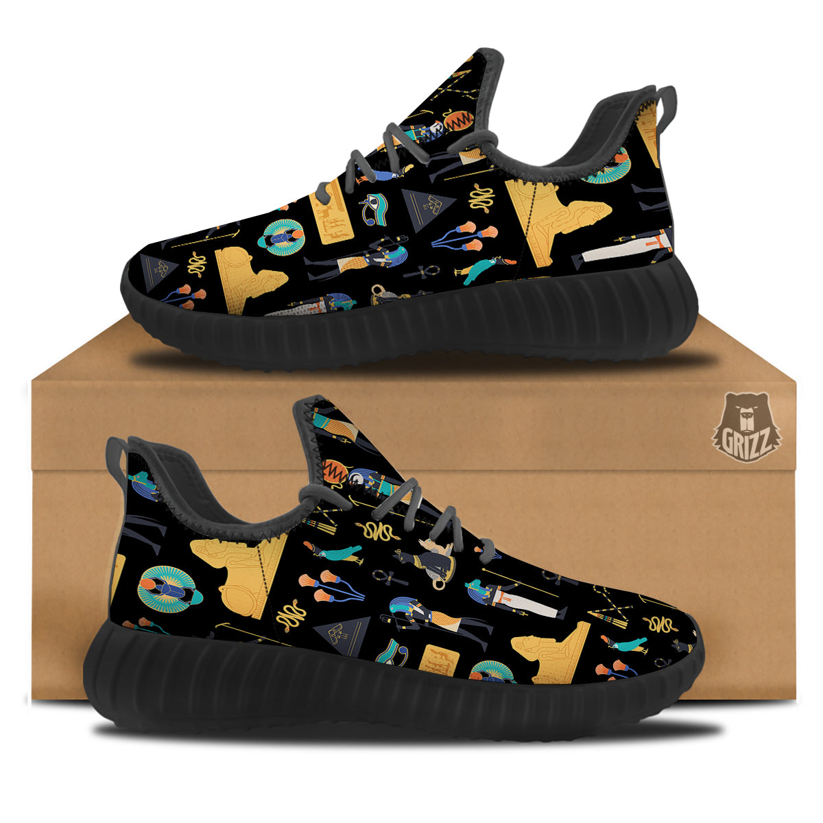 Egyptian Ancient Print Pattern Black Walking Shoes-grizzshop