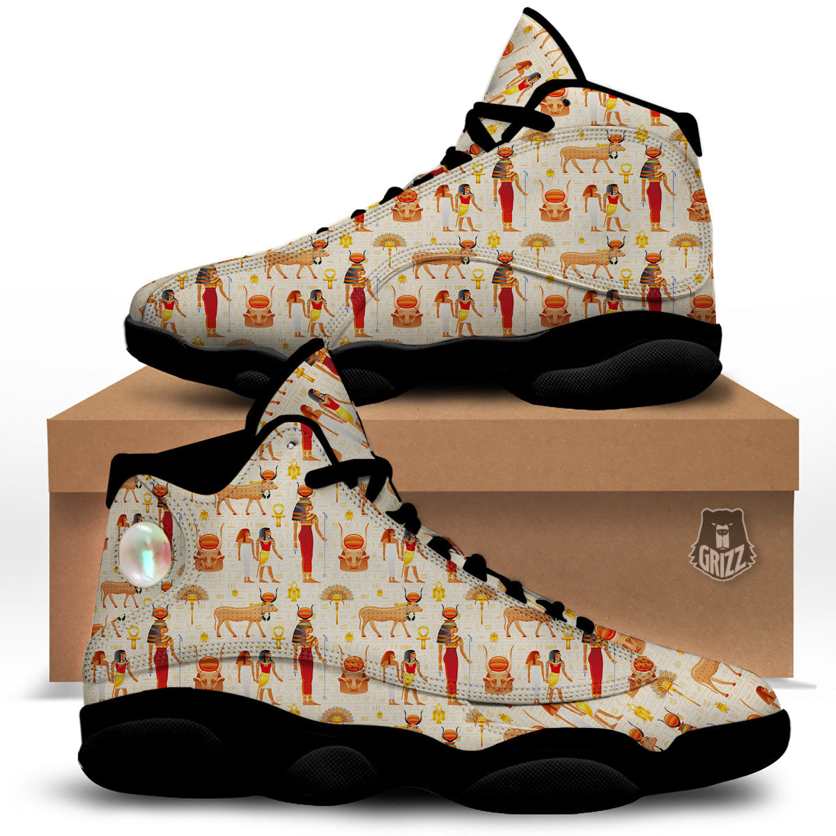 Egyptian Cow Hathor Goddess Print Pattern Black Basketball Shoes-grizzshop