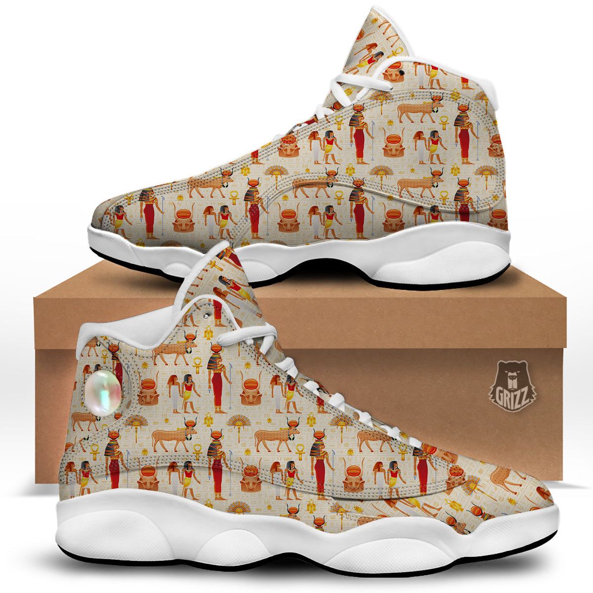 Egyptian Cow Hathor Goddess Print Pattern White Basketball Shoes-grizzshop