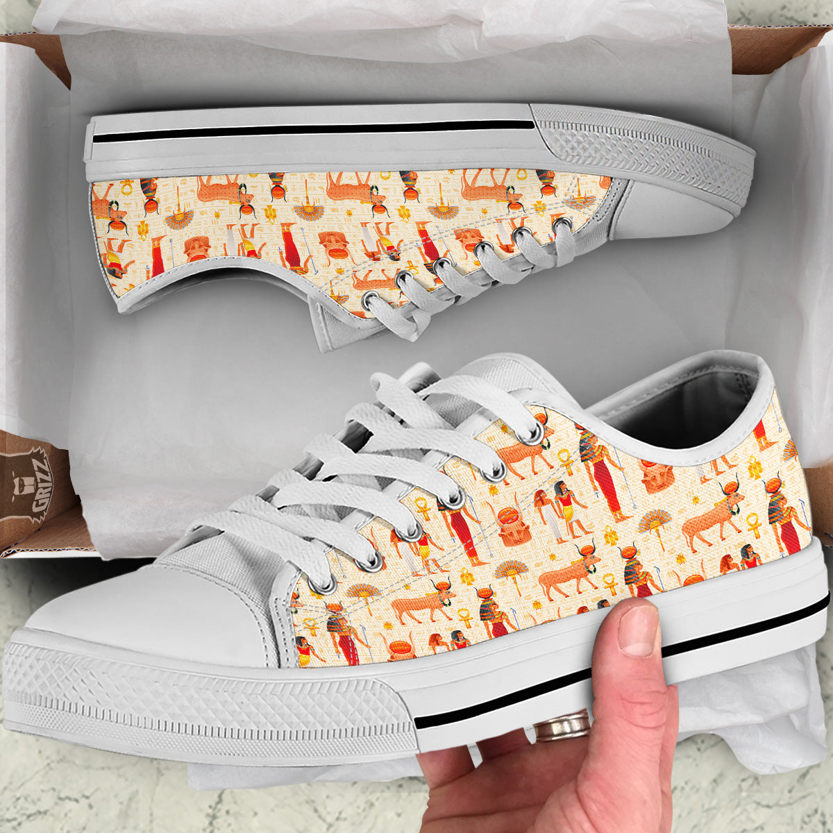 Egyptian Cow Hathor Goddess Print Pattern White Low Top Shoes-grizzshop