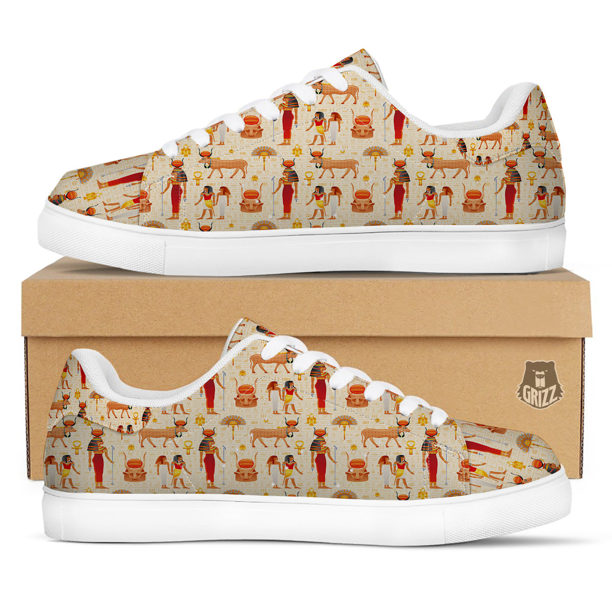 Egyptian Cow Hathor Goddess Print Pattern White Low Top Sneakers-grizzshop