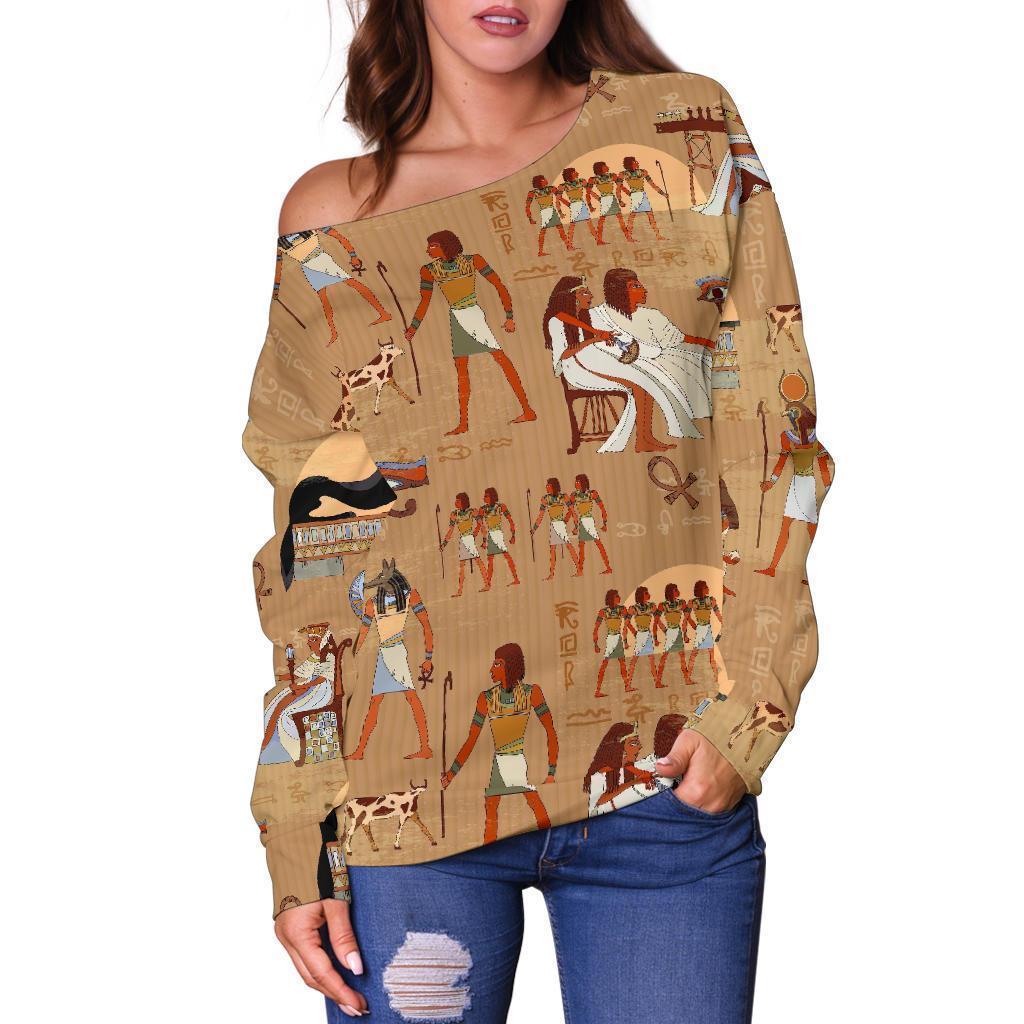 Egyptian Pattern Print Women Off Shoulder Sweatshirt-grizzshop