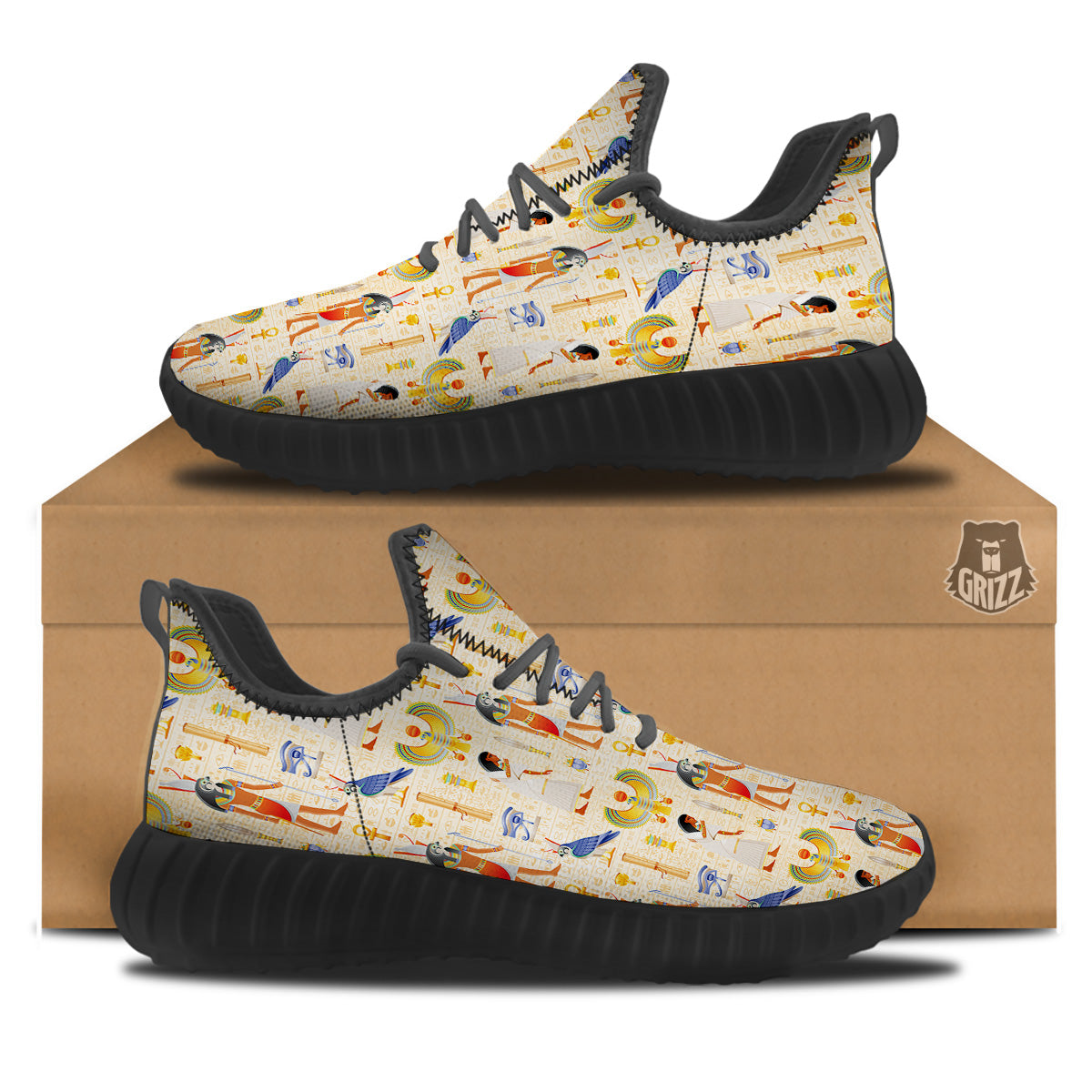 Egyptian Print Pattern Black Walking Shoes-grizzshop