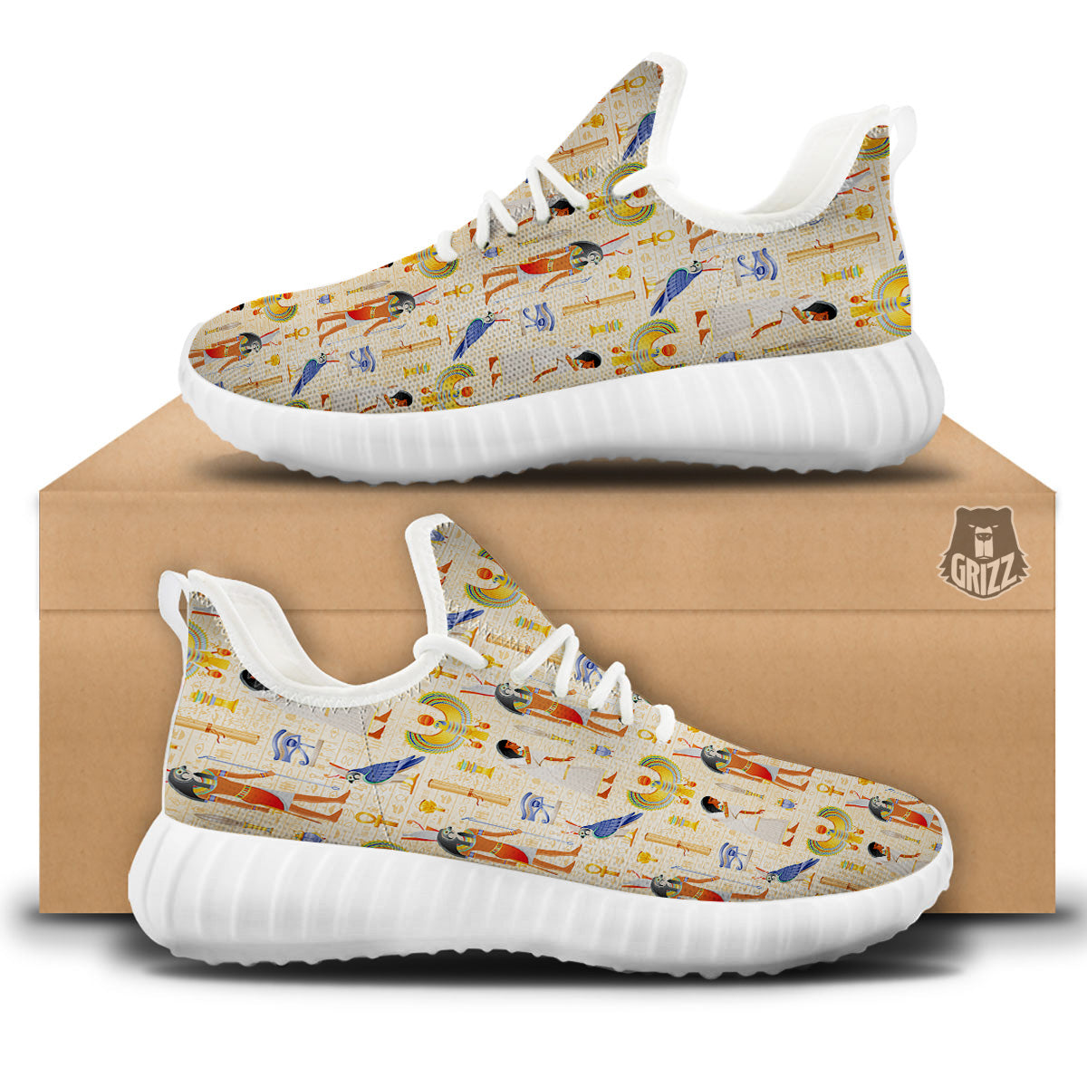 Egyptian Print Pattern White Walking Shoes-grizzshop