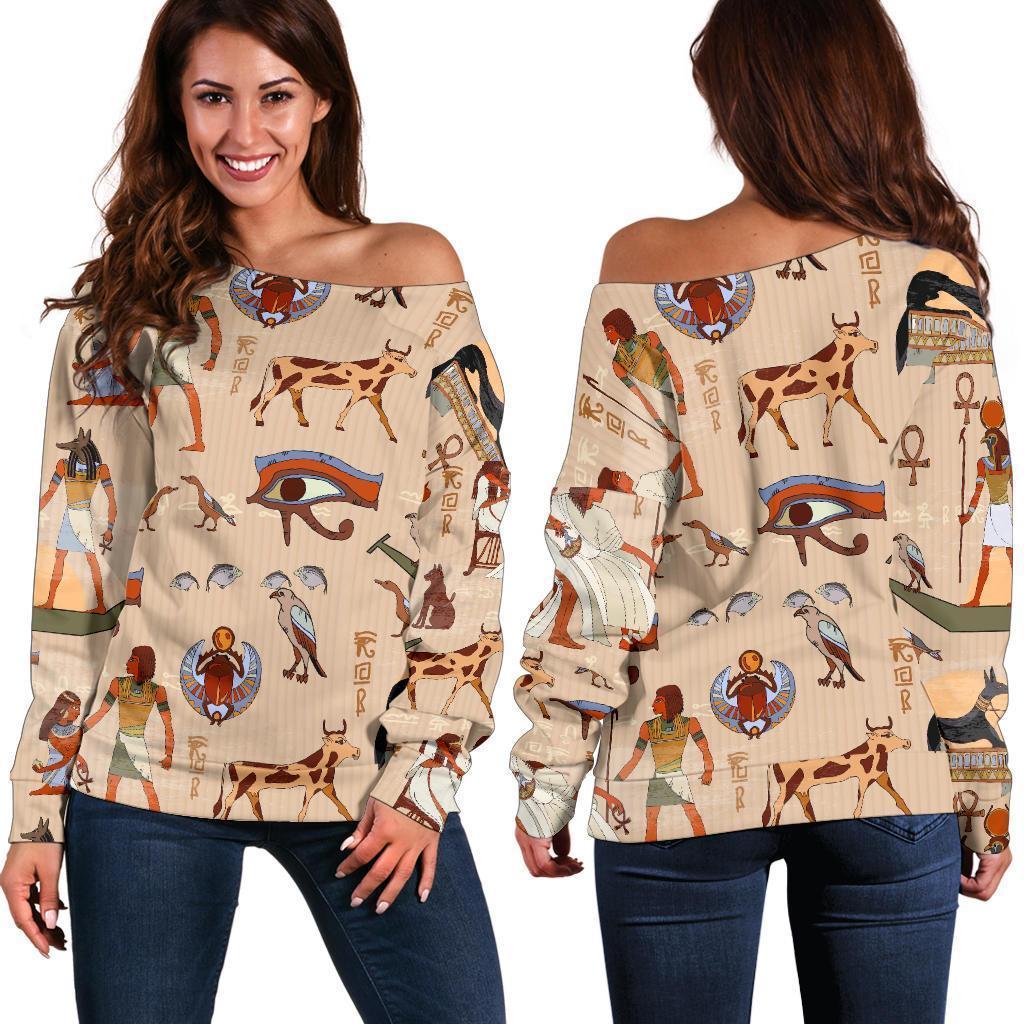 Egyptian Print Pattern Women Off Shoulder Sweatshirt-grizzshop