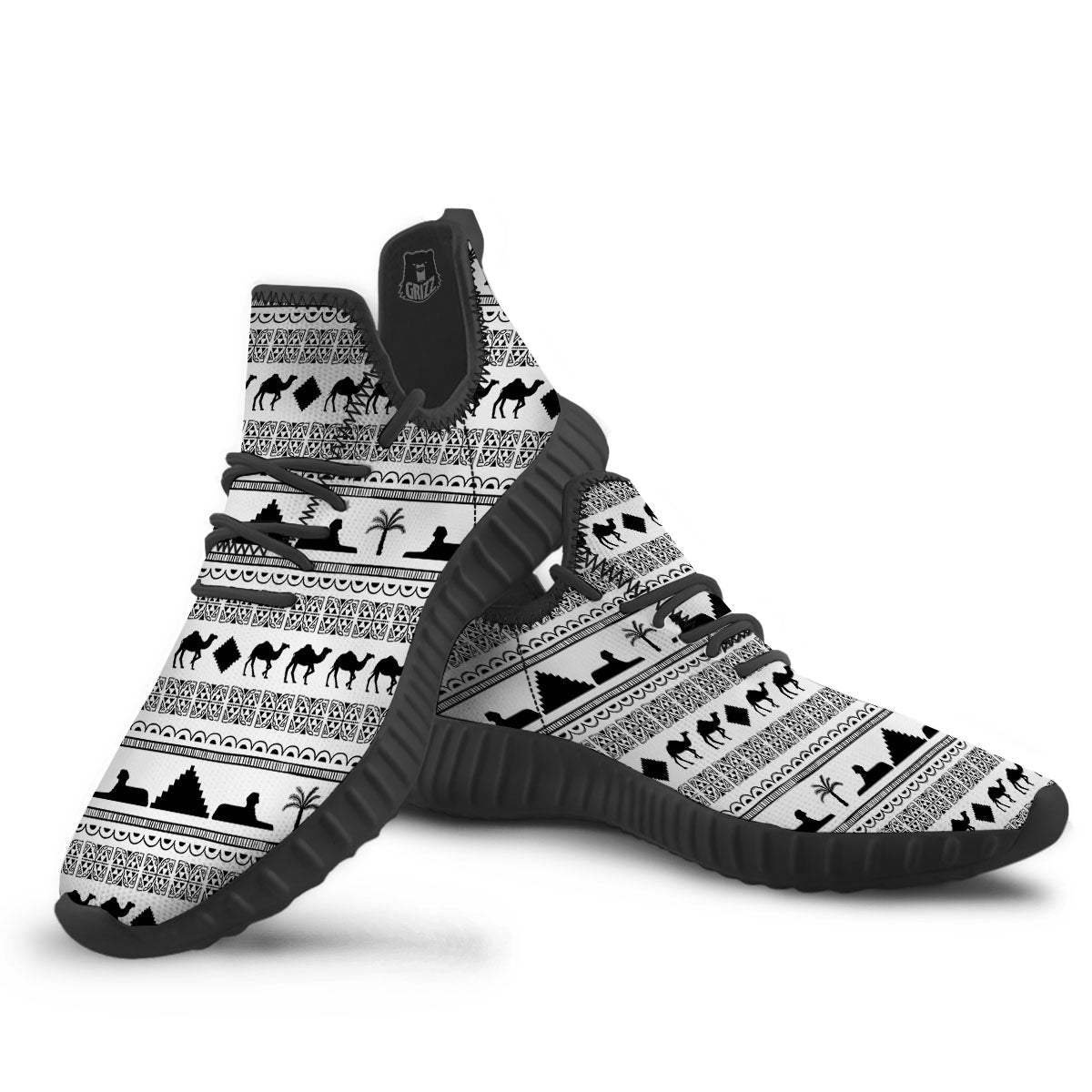 Egyptian White And Black Print Pattern Black Walking Shoes-grizzshop