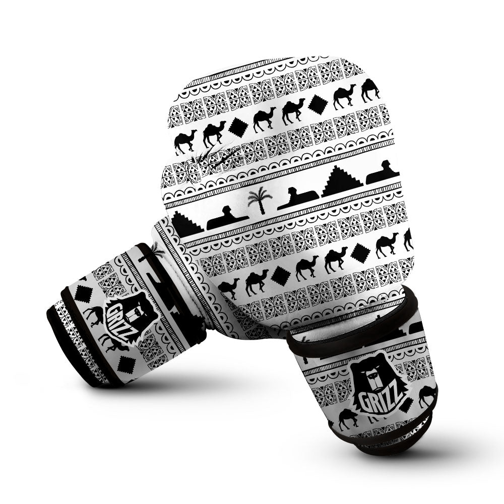 Egyptian White And Black Print Pattern Boxing Gloves-grizzshop