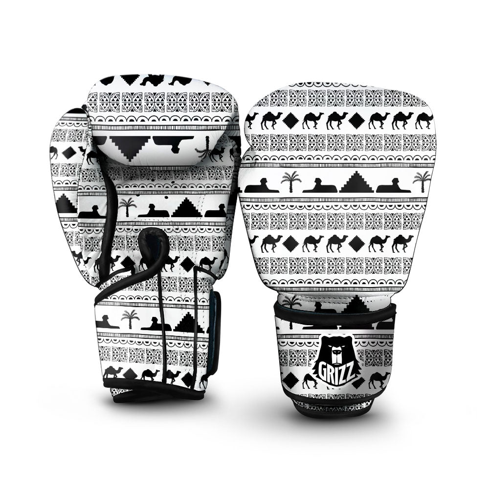 Egyptian White And Black Print Pattern Boxing Gloves-grizzshop