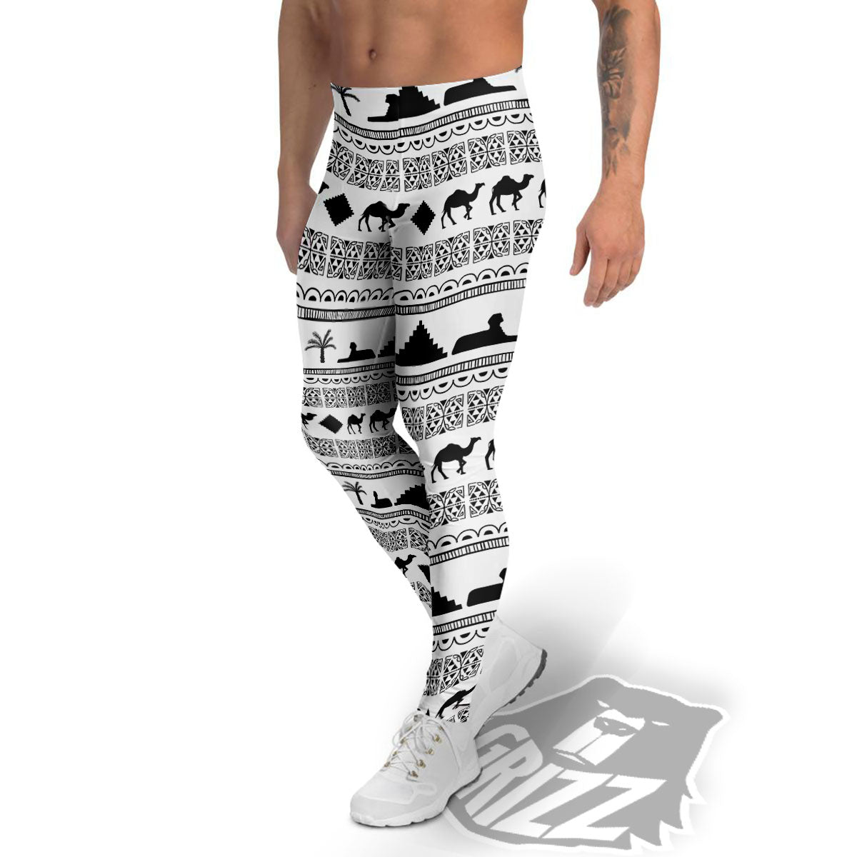 Egyptian White And Black Print Pattern Men's Leggings-grizzshop