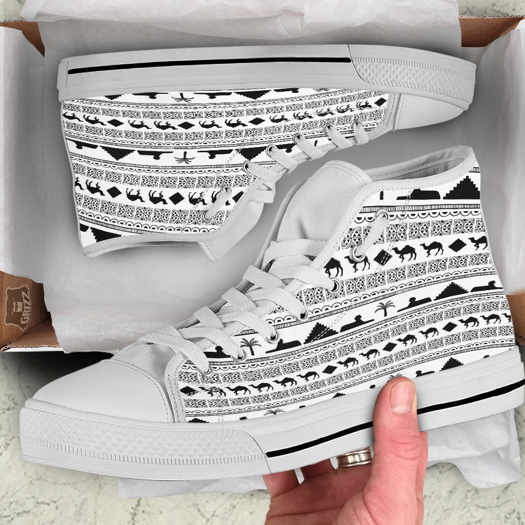 Egyptian White And Black Print Pattern White High Top Shoes-grizzshop