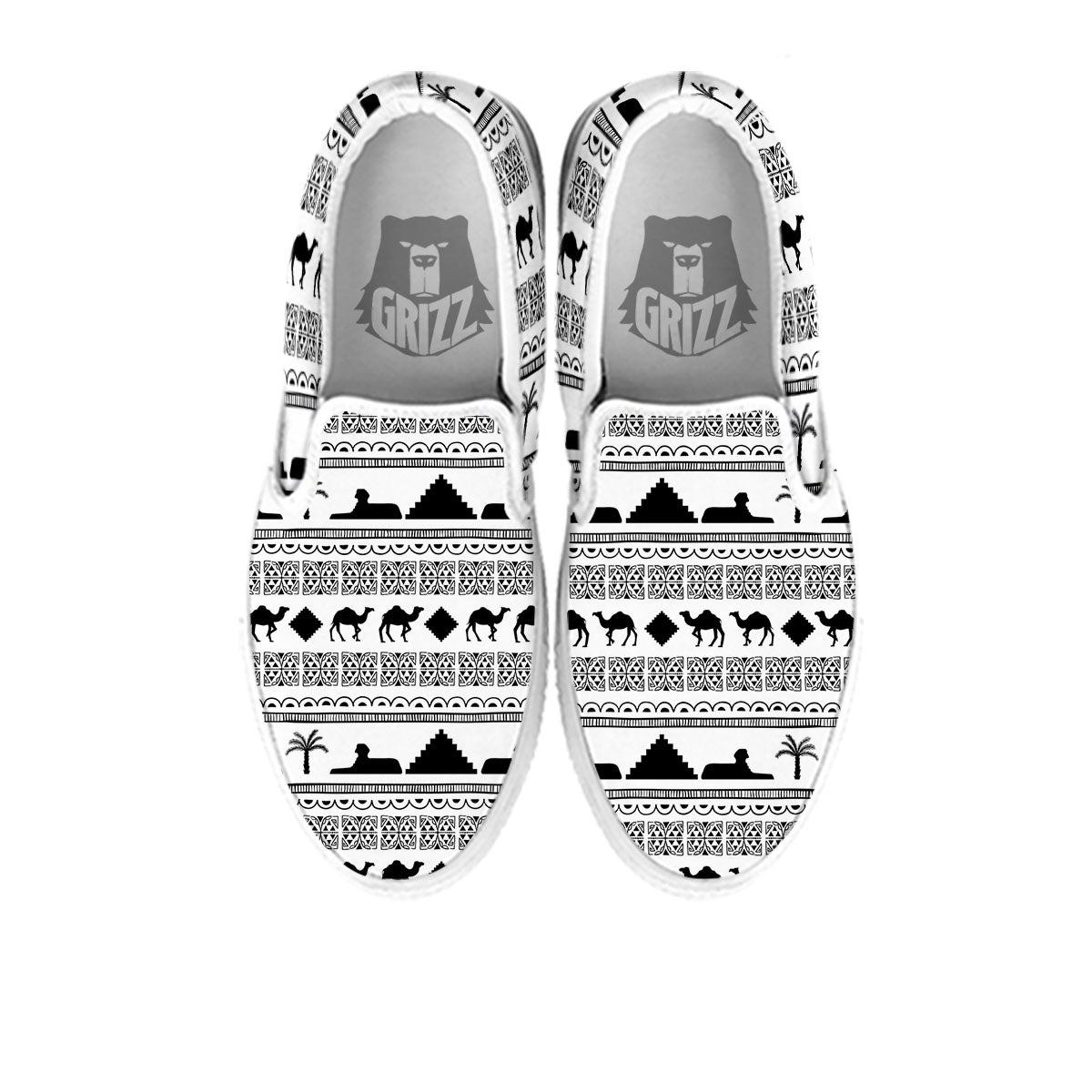 Egyptian White And Black Print Pattern White Slip On Shoes-grizzshop