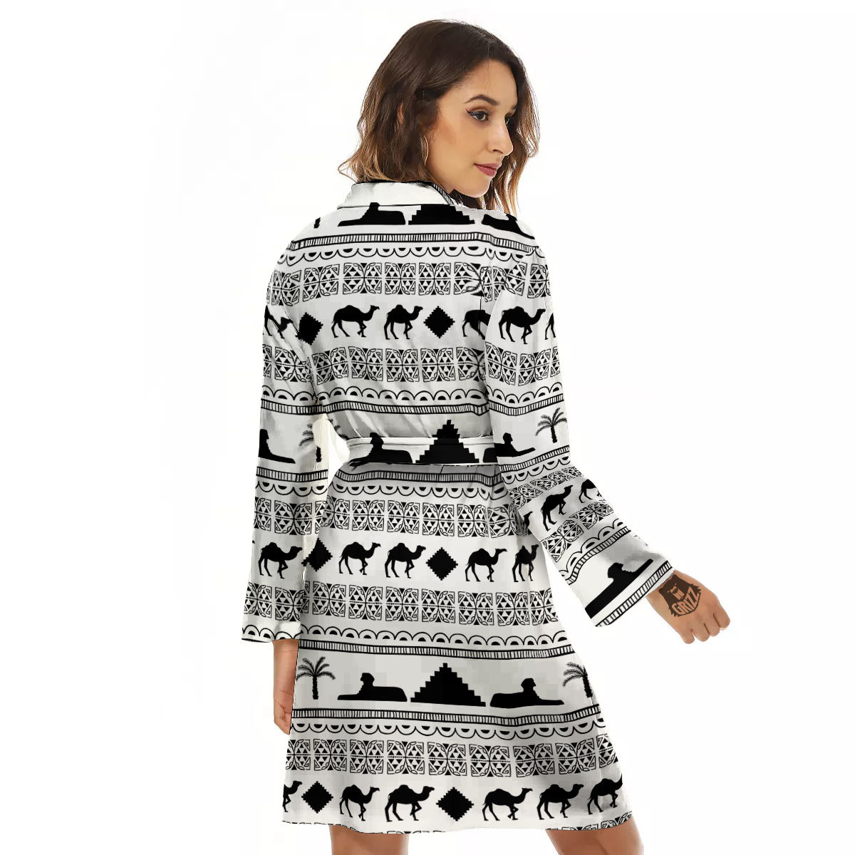 Egyptian White And Black Print Pattern Women's Robe-grizzshop