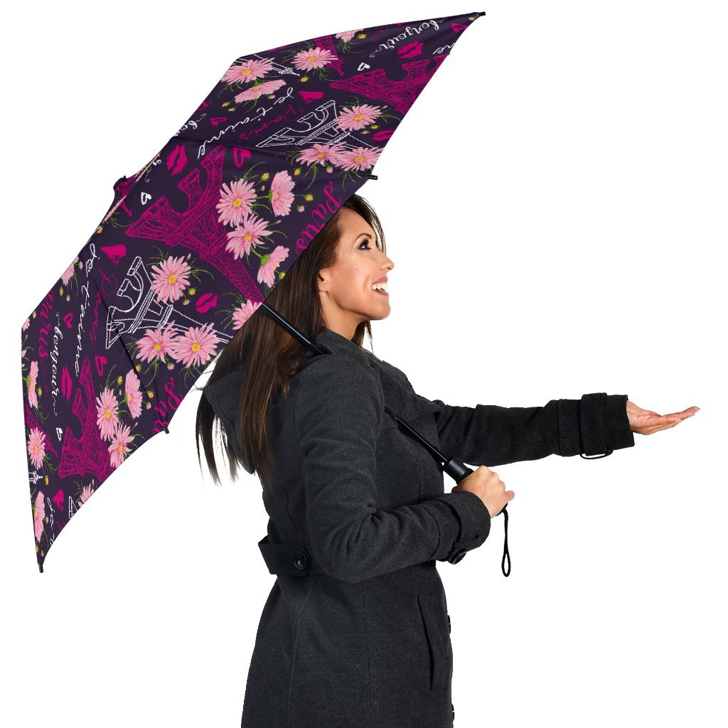 Eiffel Tower Floral Pattern Print Automatic Foldable Umbrella-grizzshop