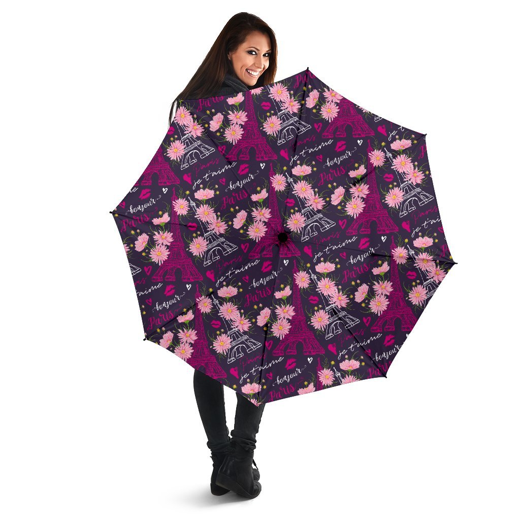 Eiffel Tower Floral Pattern Print Automatic Foldable Umbrella-grizzshop