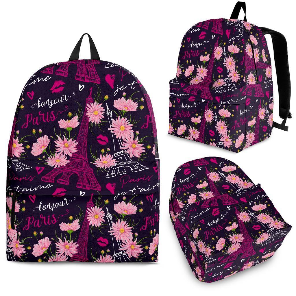 Eiffel Tower Floral Pattern Print Backpack-grizzshop