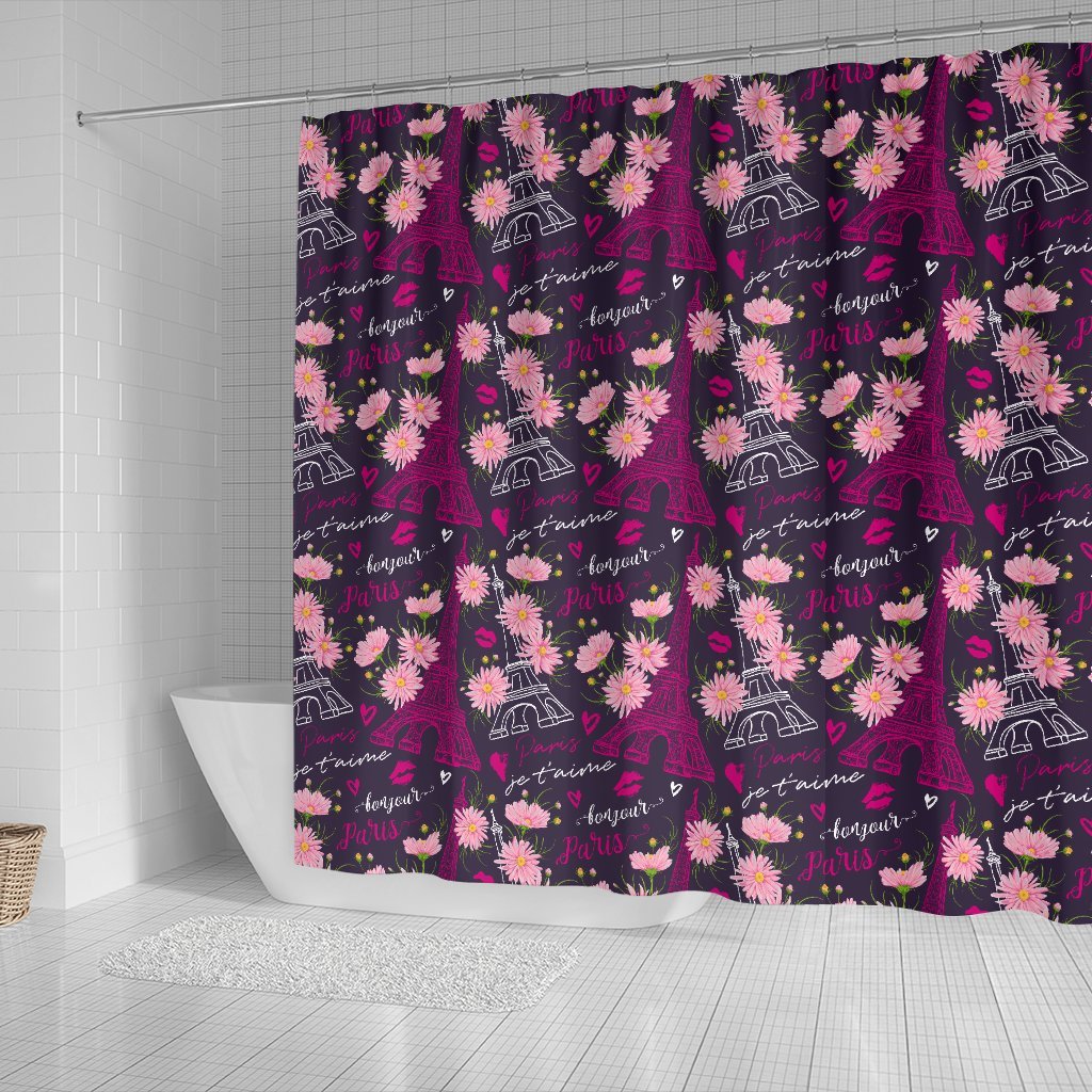 Eiffel Tower Floral Pattern Print Bathroom Shower Curtain-grizzshop