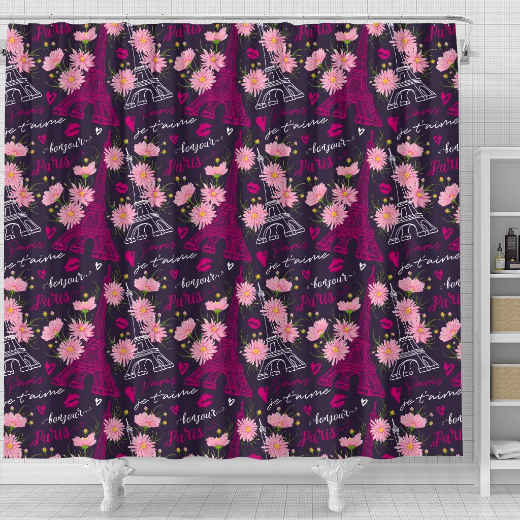 Eiffel Tower Floral Pattern Print Bathroom Shower Curtain-grizzshop