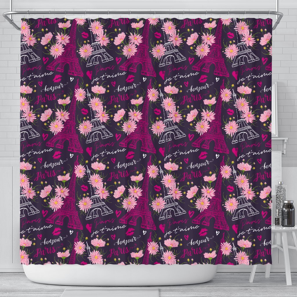 Eiffel Tower Floral Pattern Print Bathroom Shower Curtain-grizzshop