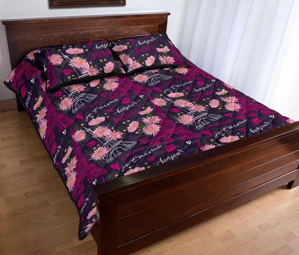 Eiffel Tower Floral Pattern Print Bed Set Quilt-grizzshop