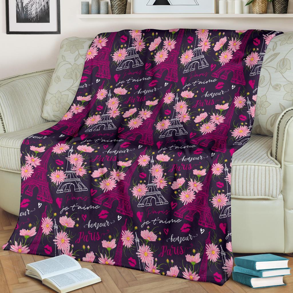 Eiffel Tower Floral Pattern Print Blanket-grizzshop