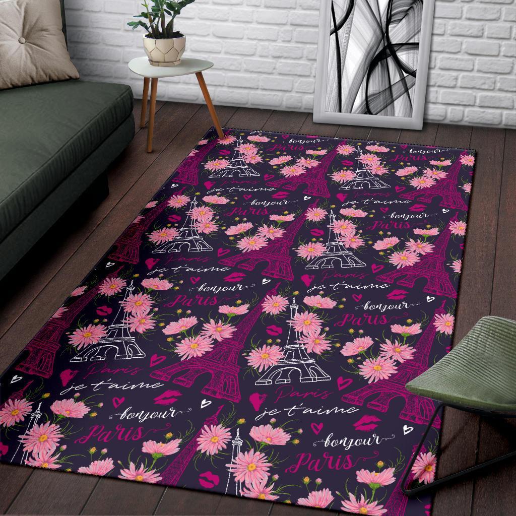 Eiffel Tower Floral Pattern Print Floor Mat-grizzshop