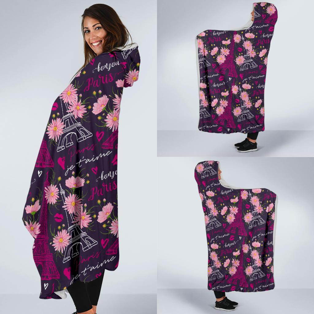 Eiffel Tower Floral Pattern Print Hooded Blanket-grizzshop