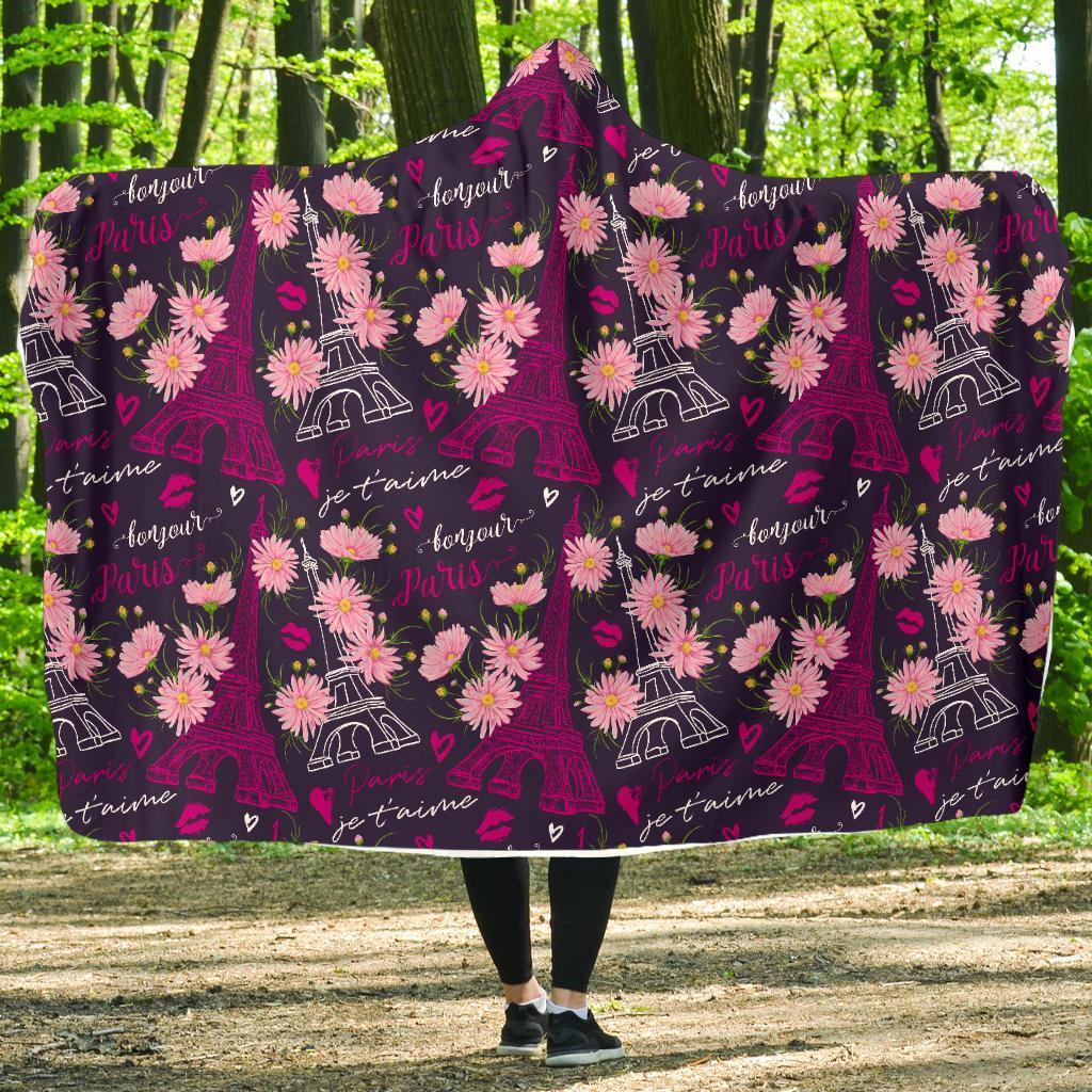 Eiffel Tower Floral Pattern Print Hooded Blanket-grizzshop