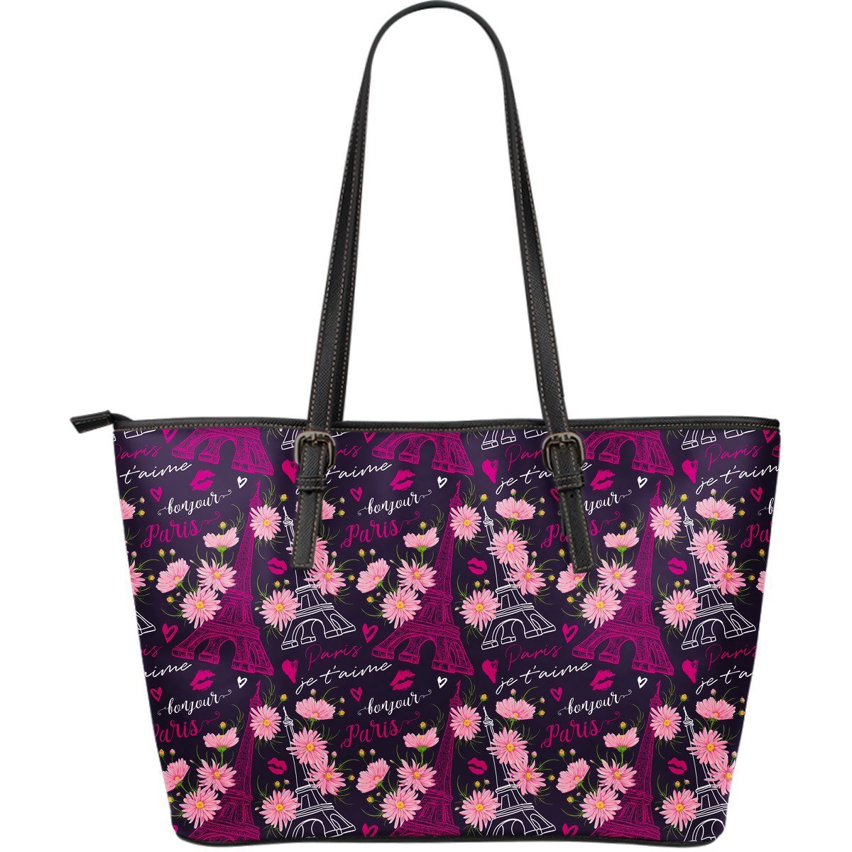 Eiffel Tower Floral Pattern Print Leather Tote Bag-grizzshop