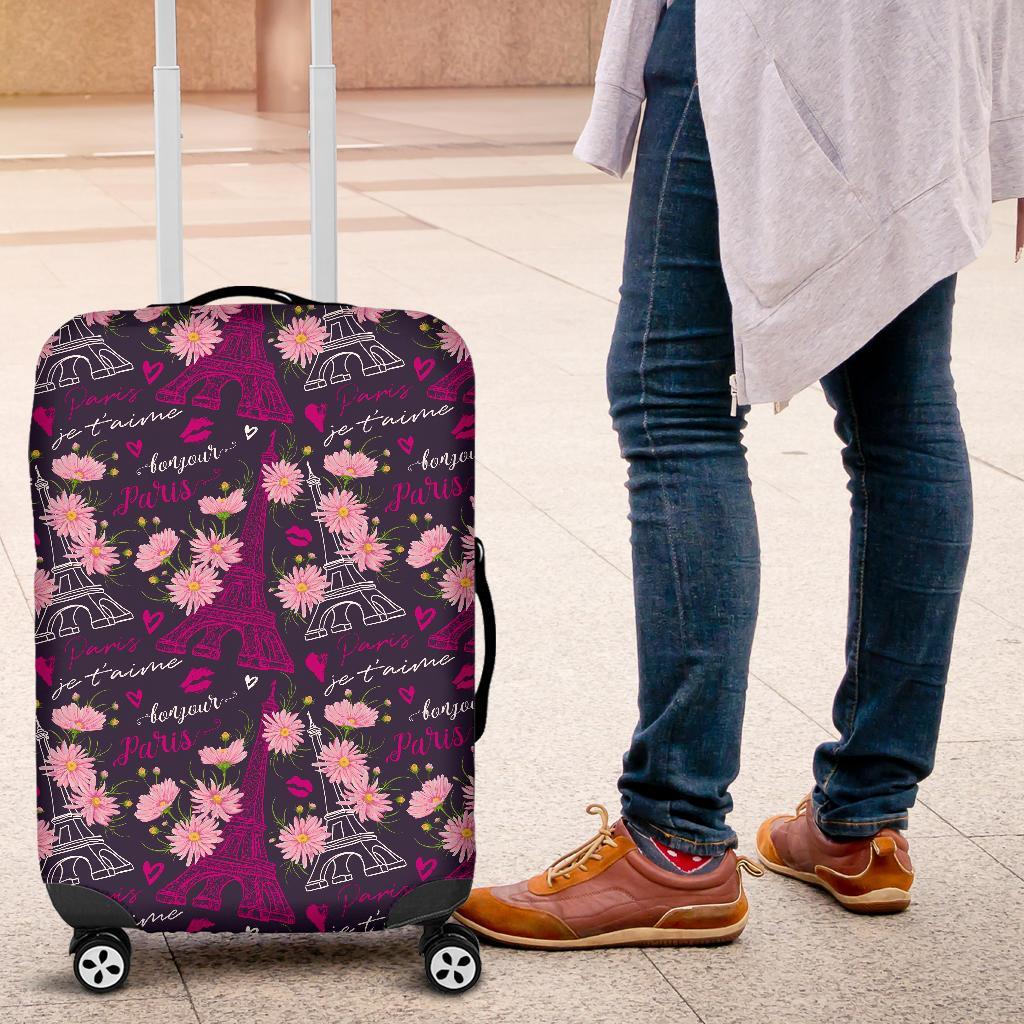 Eiffel Tower Floral Pattern Print Luggage Cover Protector-grizzshop