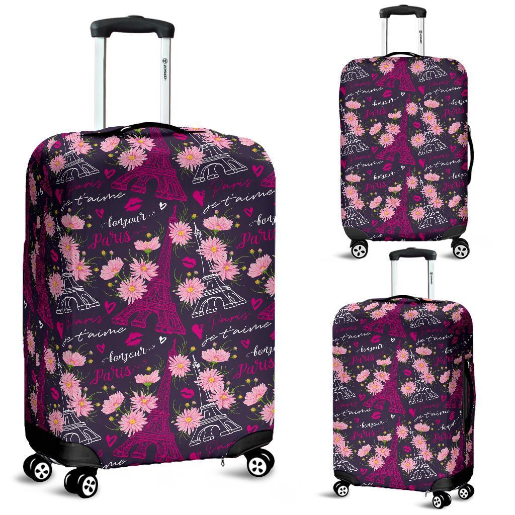 Eiffel Tower Floral Pattern Print Luggage Cover Protector-grizzshop