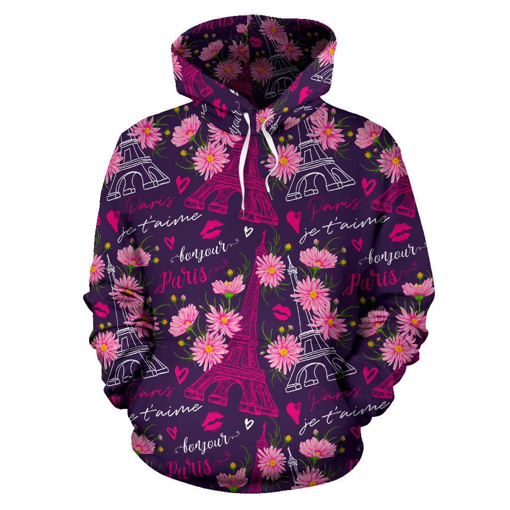 Eiffel Tower Floral Pattern Print Men Women Pullover Hoodie-grizzshop