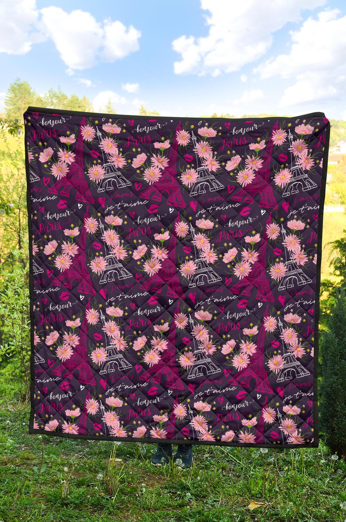 Eiffel Tower Floral Pattern Print Quilt-grizzshop