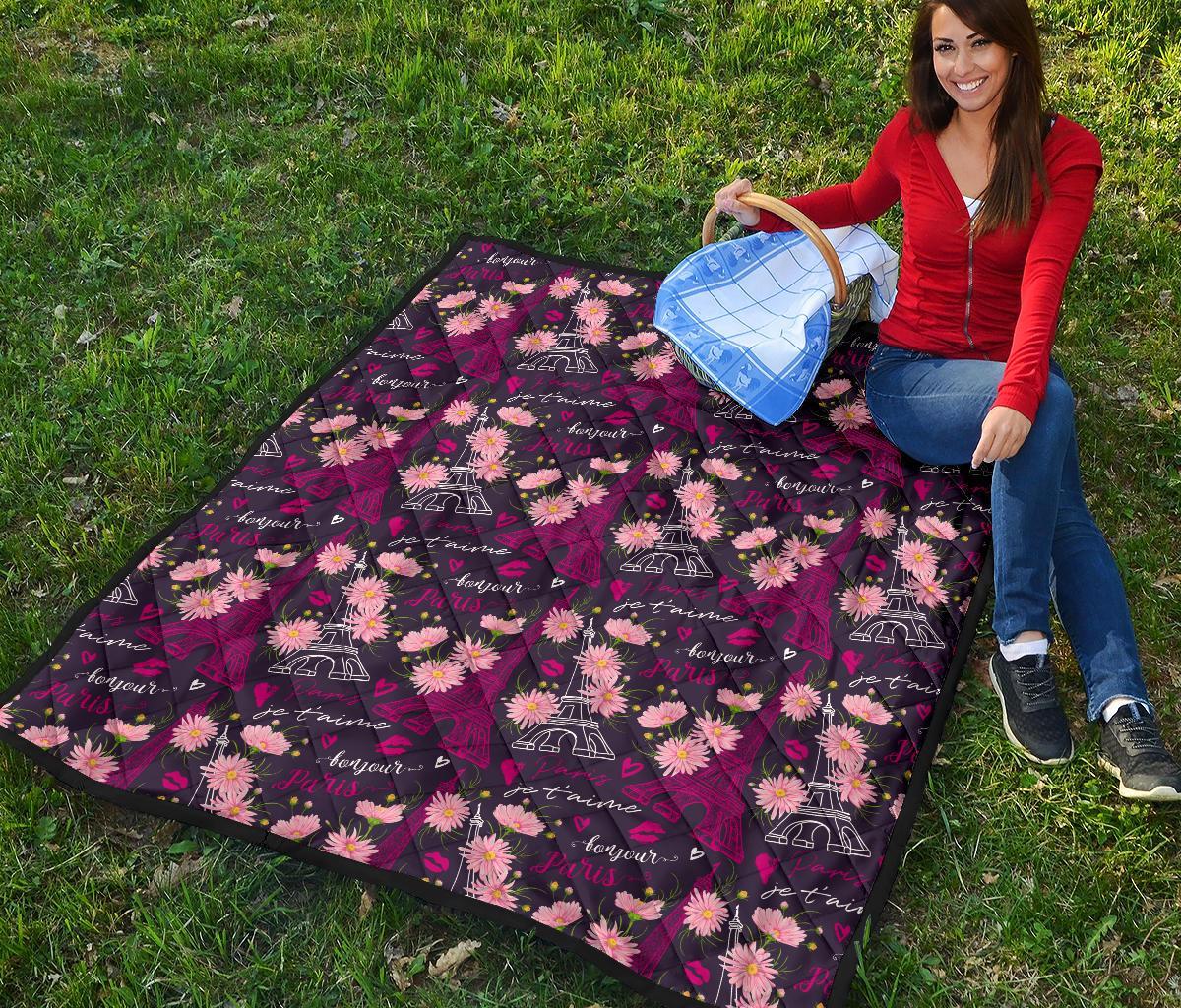 Eiffel Tower Floral Pattern Print Quilt-grizzshop