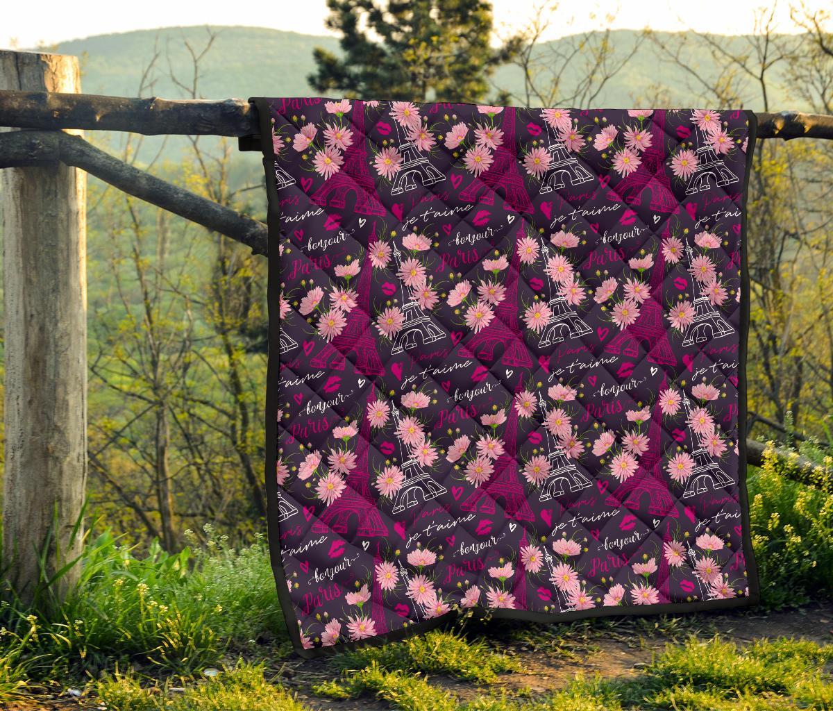 Eiffel Tower Floral Pattern Print Quilt-grizzshop