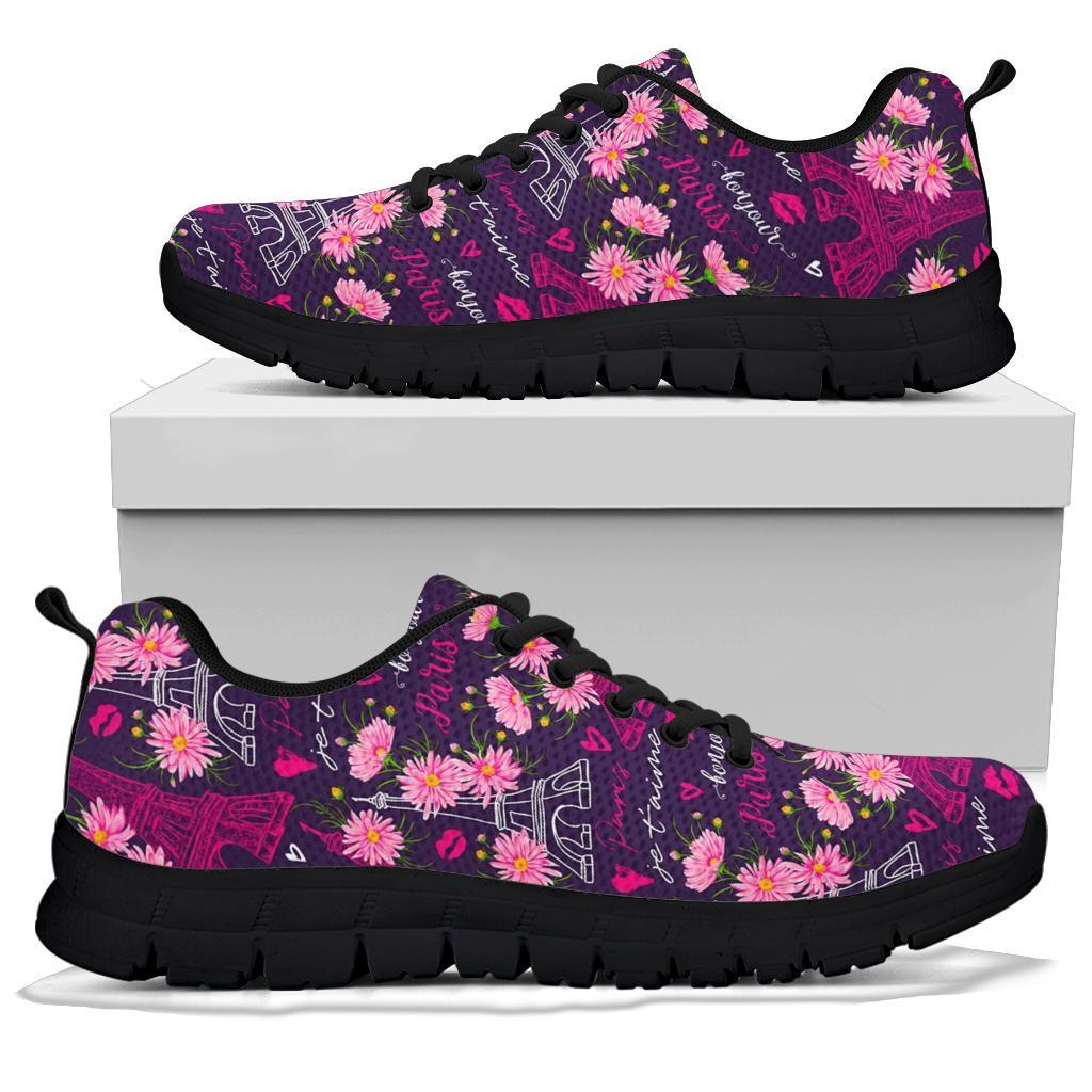 Eiffel Tower Floral Pattern Print Sneaker Shoes For Men Women-grizzshop