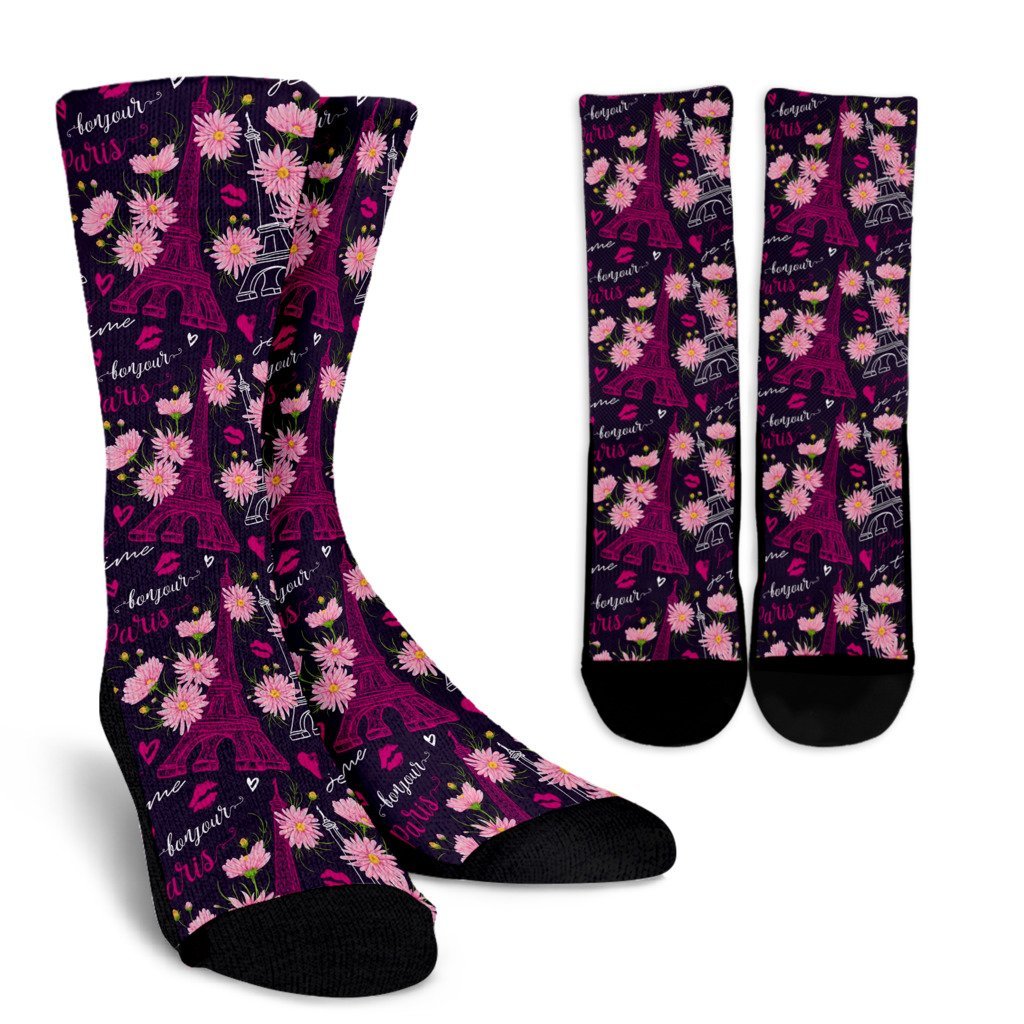 Eiffel Tower Floral Pattern Print Unisex Crew Socks-grizzshop