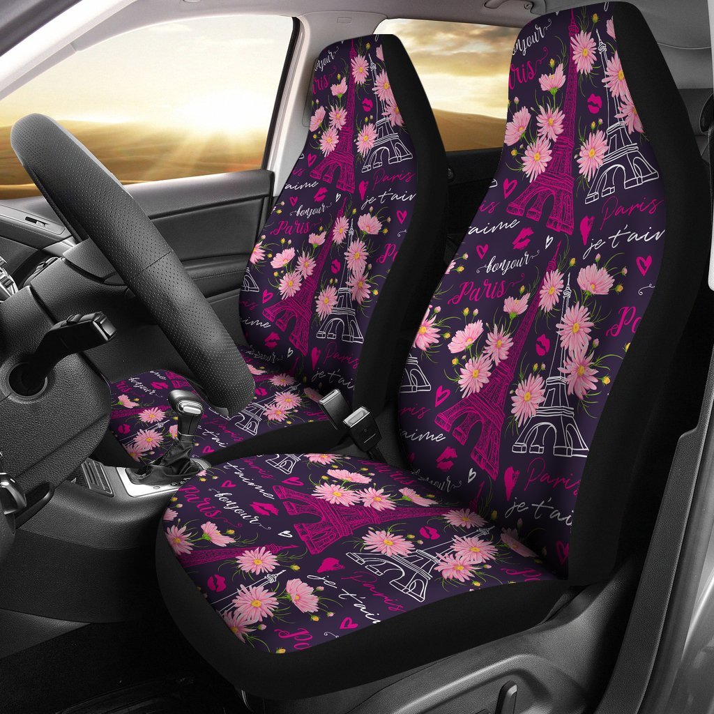 Eiffel Tower Floral Pattern Print Universal Fit Car Seat Covers-grizzshop