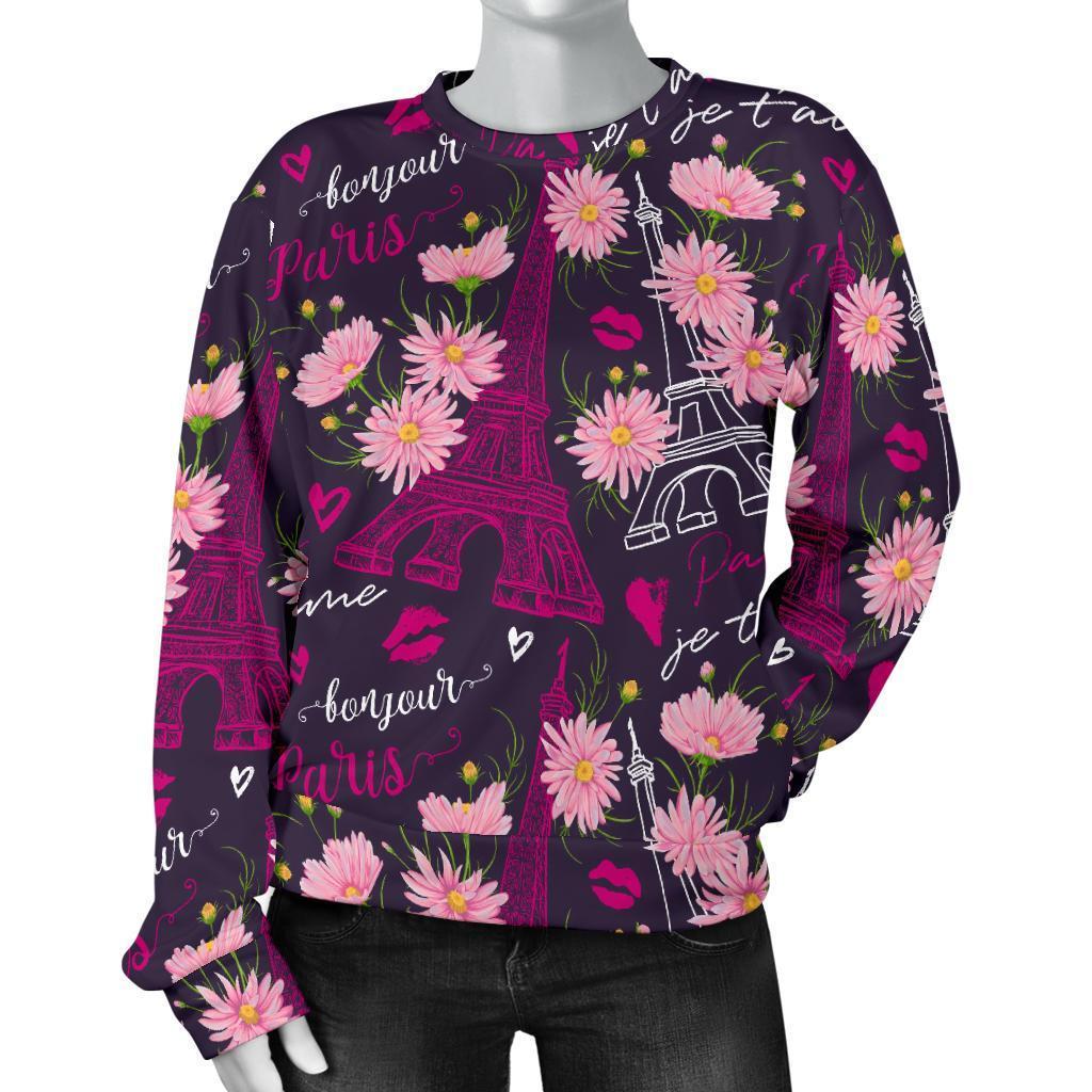 Eiffel Tower Floral Pattern Print Women's Sweatshirt-grizzshop