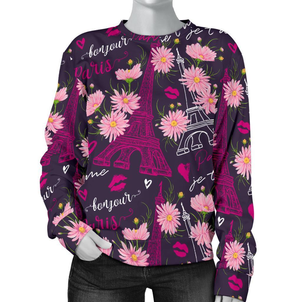 Eiffel Tower Floral Pattern Print Women's Sweatshirt-grizzshop