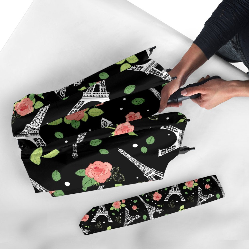 Eiffel Tower Floral Print Pattern Automatic Foldable Umbrella-grizzshop