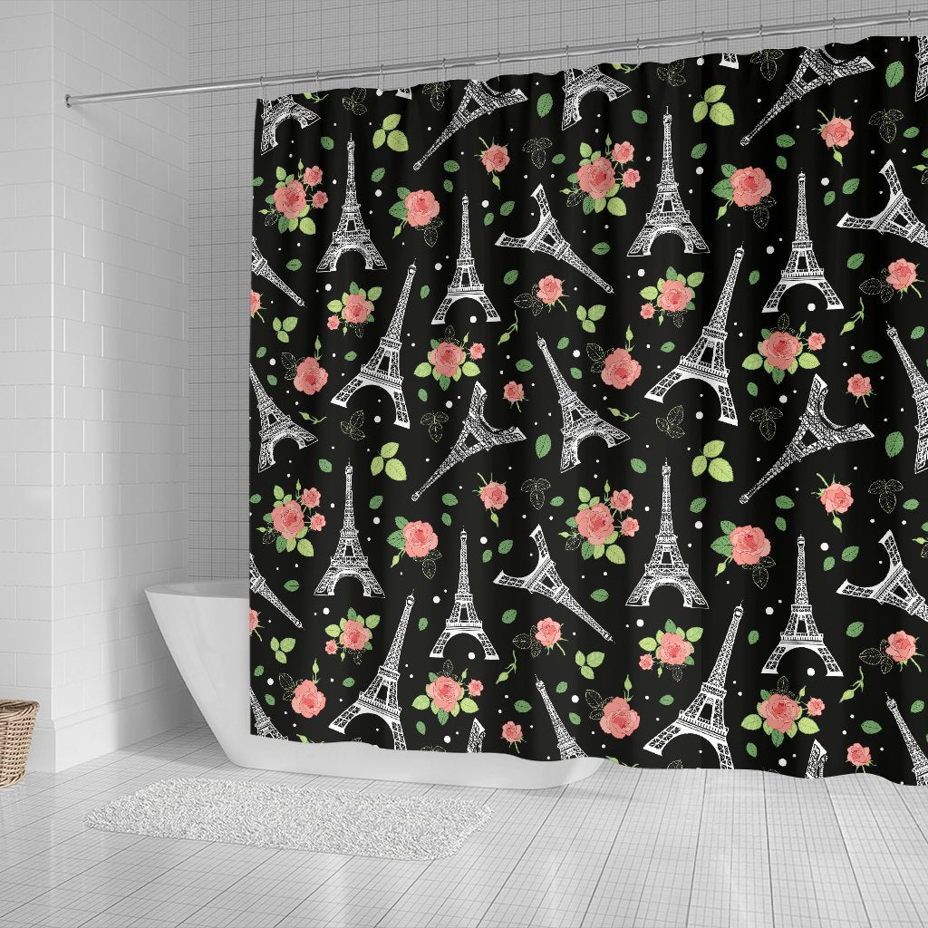 Eiffel Tower Floral Print Pattern Bathroom Shower Curtain-grizzshop