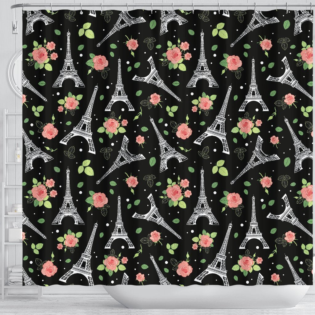 Eiffel Tower Floral Print Pattern Bathroom Shower Curtain-grizzshop