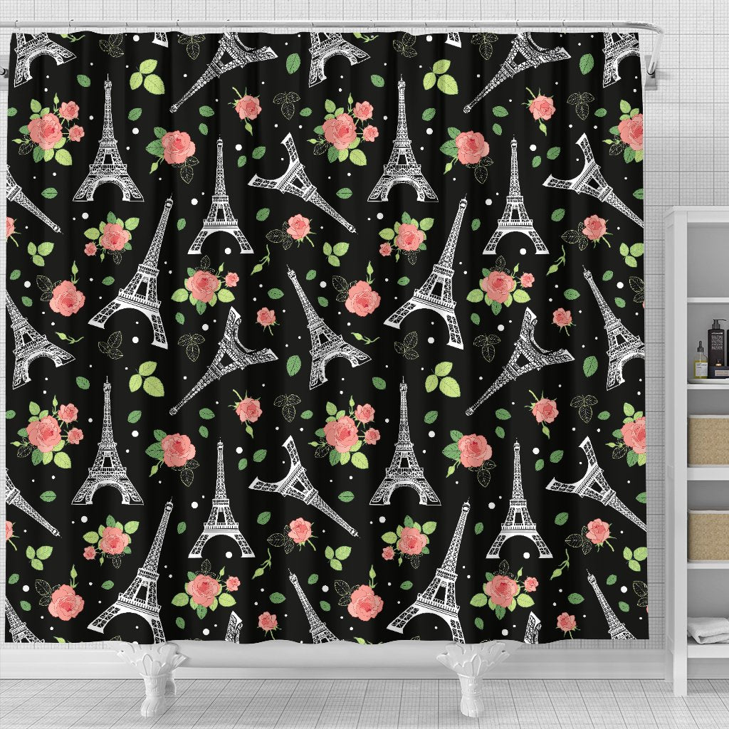 Eiffel Tower Floral Print Pattern Bathroom Shower Curtain-grizzshop