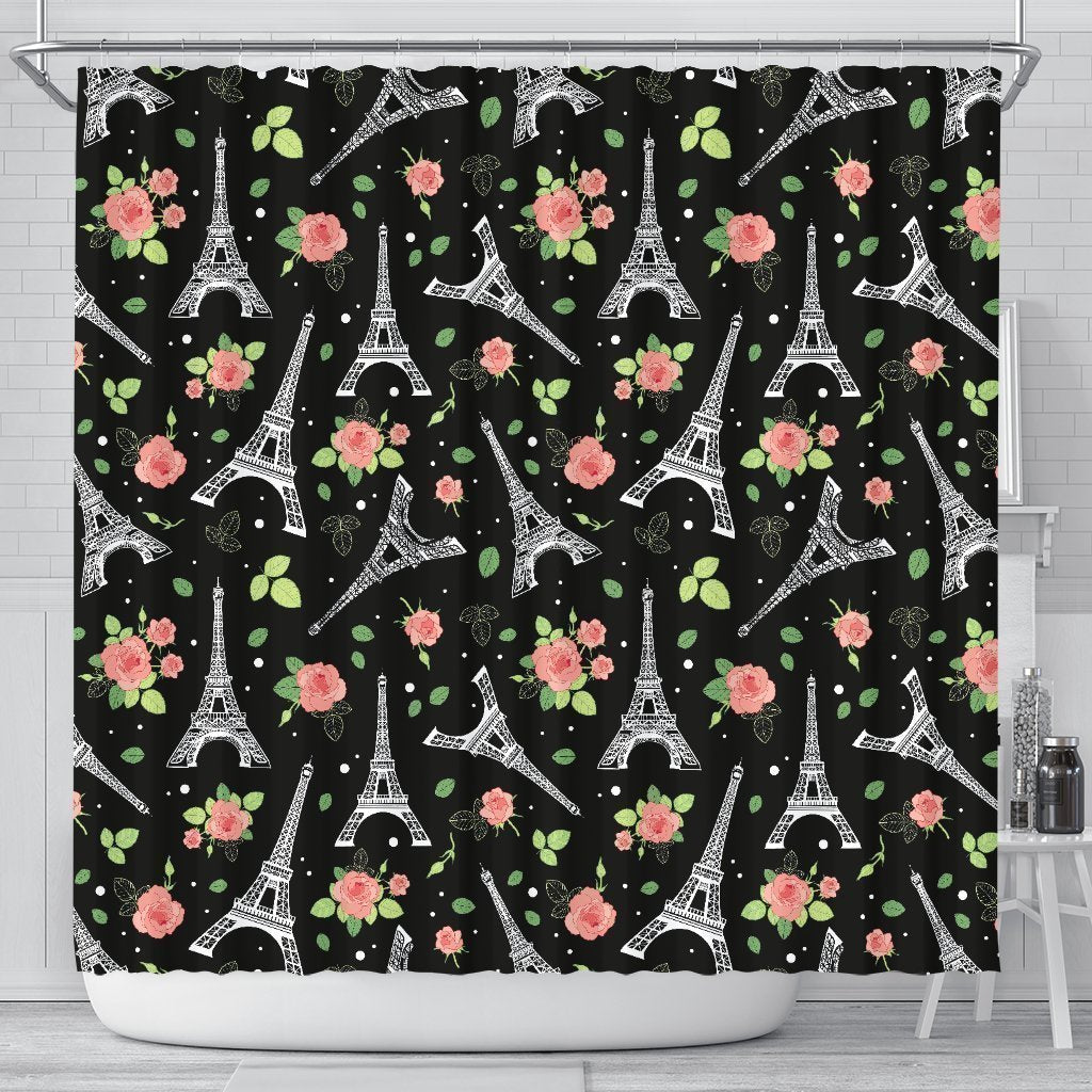 Eiffel Tower Floral Print Pattern Bathroom Shower Curtain-grizzshop