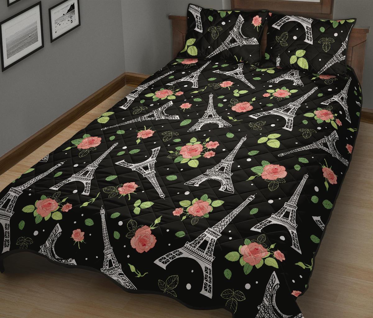 Eiffel Tower Floral Print Pattern Bed Set Quilt-grizzshop