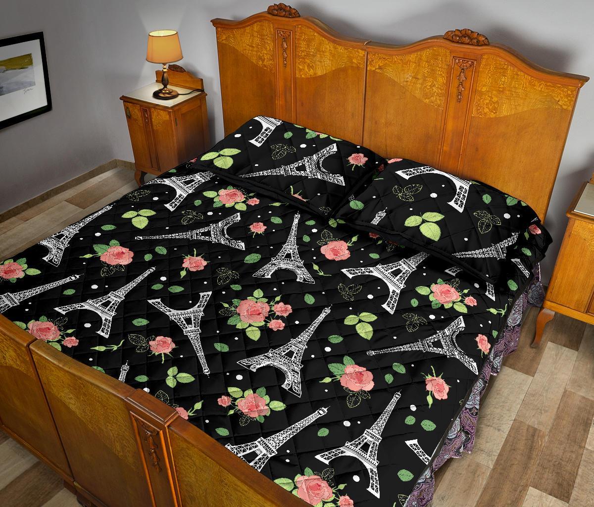 Eiffel Tower Floral Print Pattern Bed Set Quilt-grizzshop