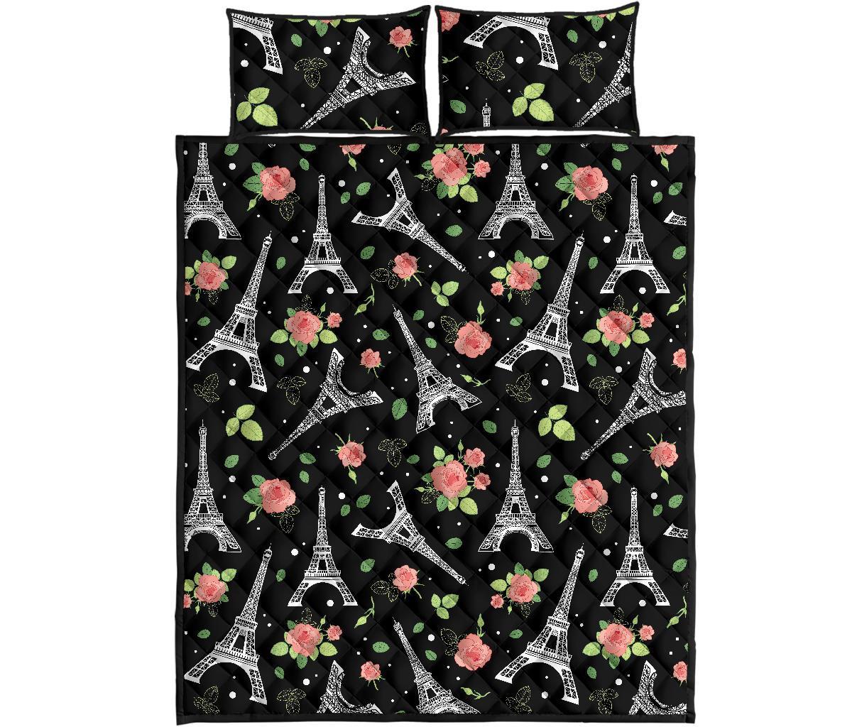 Eiffel Tower Floral Print Pattern Bed Set Quilt-grizzshop