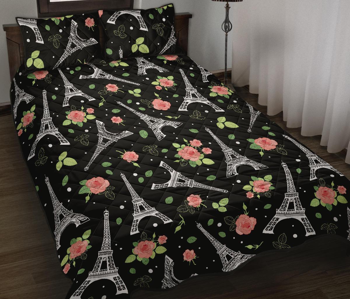 Eiffel Tower Floral Print Pattern Bed Set Quilt-grizzshop