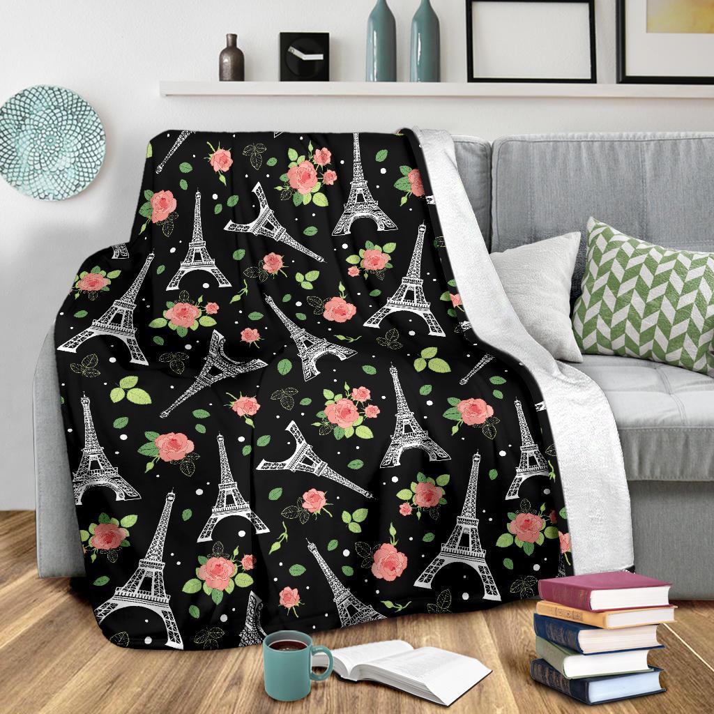 Eiffel Tower Floral Print Pattern Blanket-grizzshop